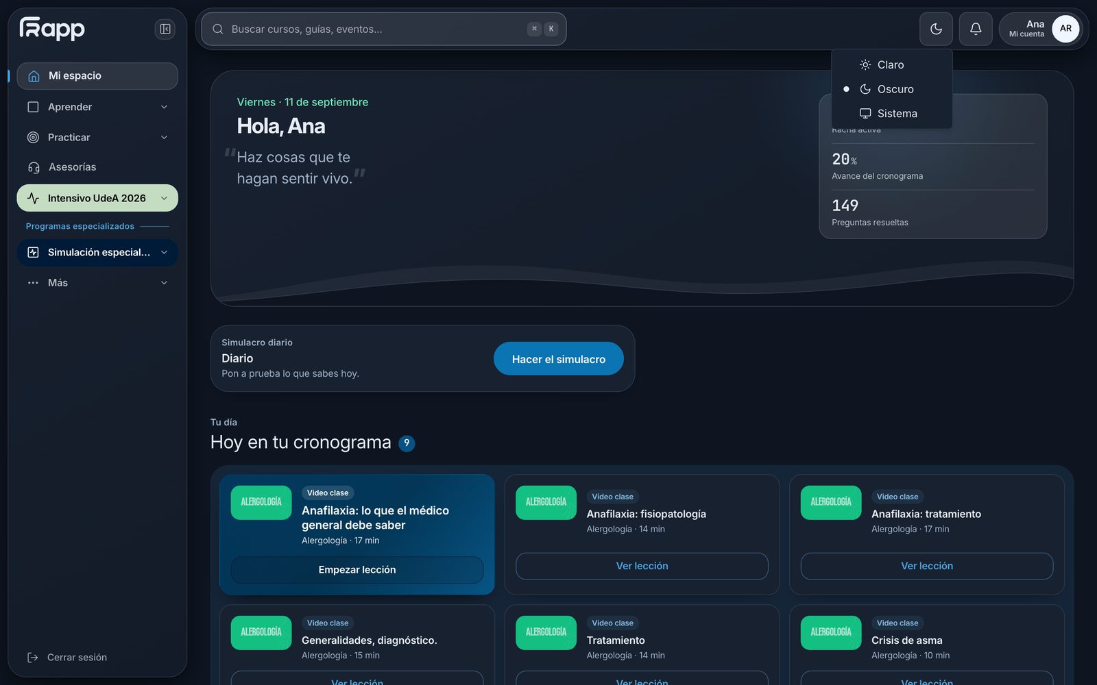 Panel de la plataforma con el selector de modo de color abierto en claro, oscuro y sistema