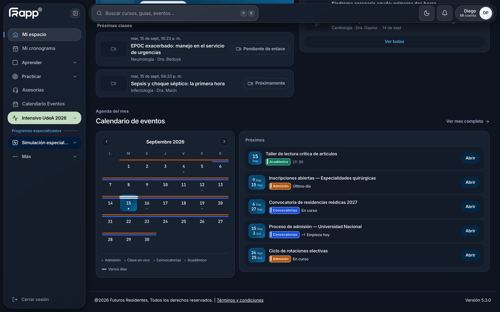 Calendario de eventos de la plataforma con las fechas del mes