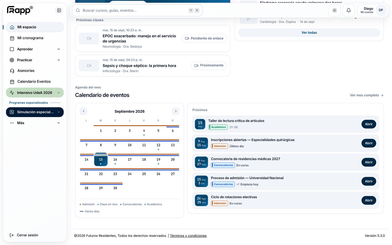Calendario de eventos de la plataforma con las fechas del mes