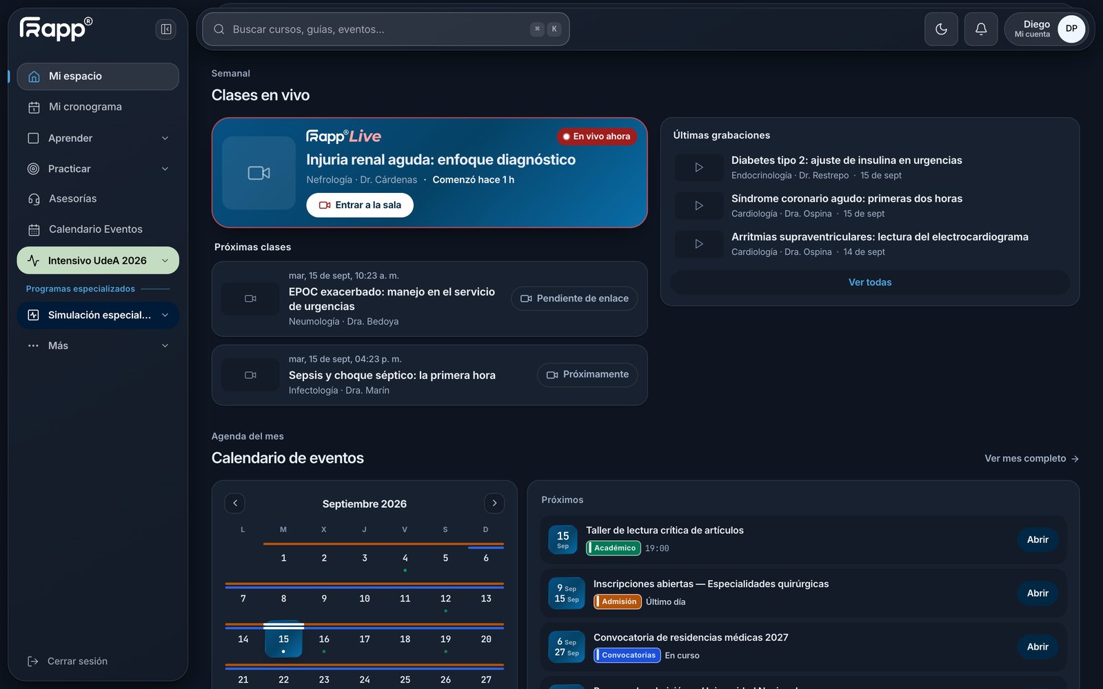 Panel de clases en vivo con una clase transmitiendo en ese momento