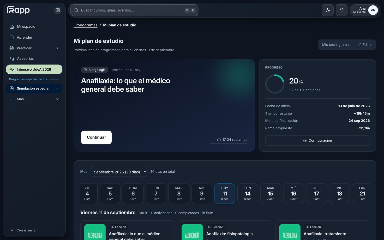 Plan de estudio con las actividades repartidas por día y el avance del curso