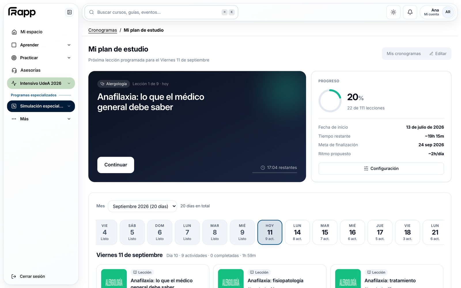 Plan de estudio con las actividades repartidas por día y el avance del curso