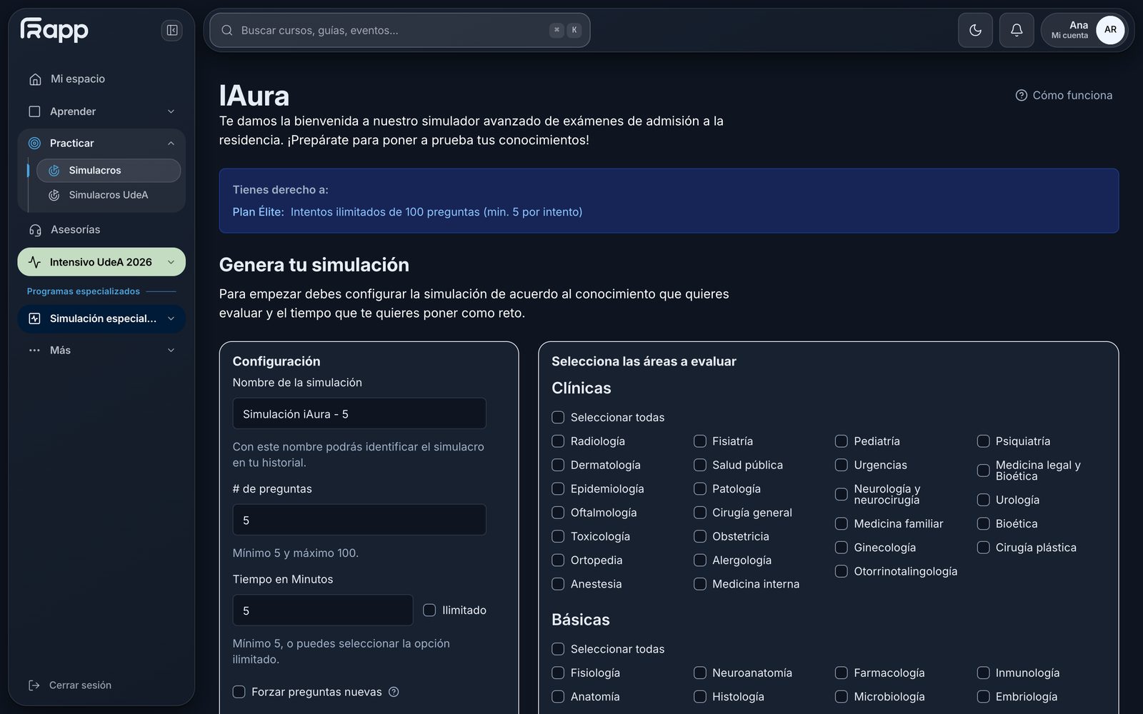 Configuración de un simulacro en iAura con las áreas a evaluar