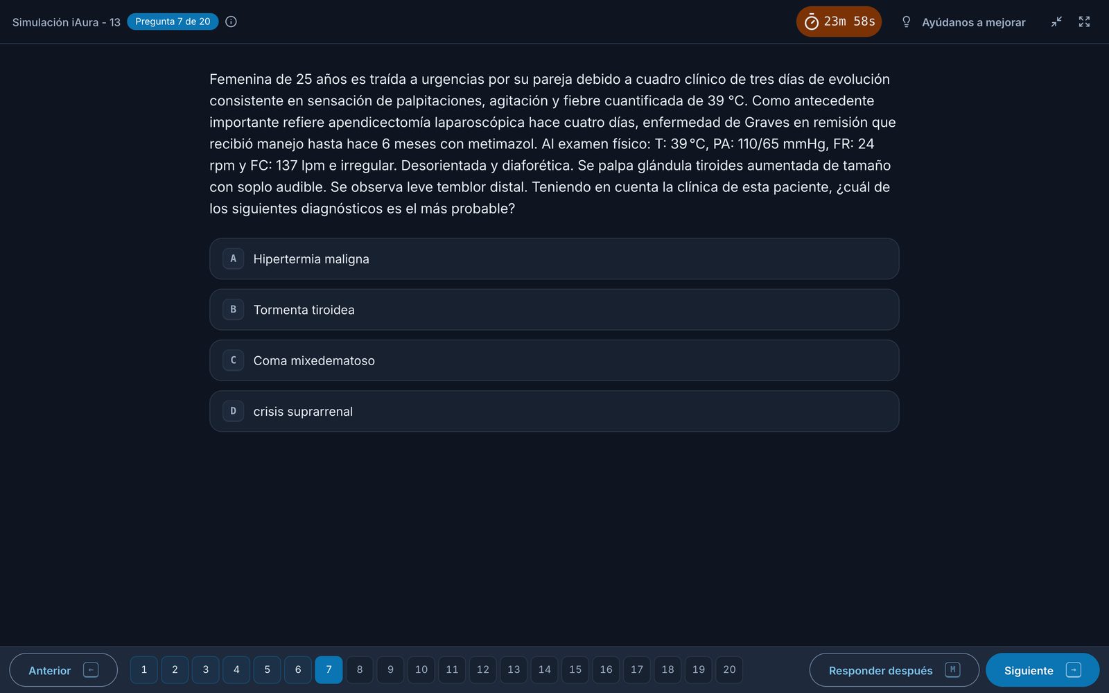 Una pregunta de un simulacro en curso, a pantalla completa, con el tiempo restante y el paso por las 20 preguntas