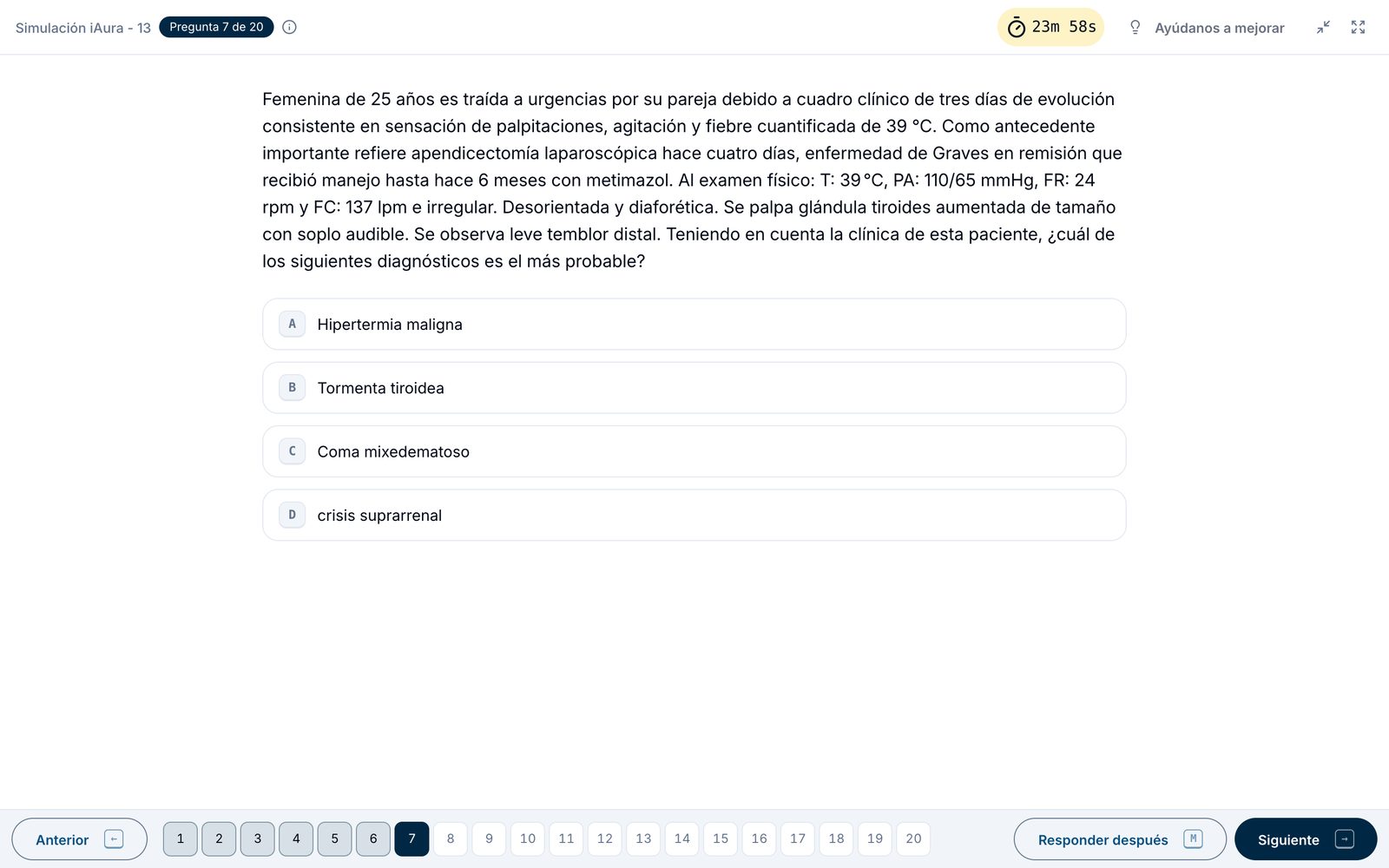 Una pregunta de un simulacro en curso, a pantalla completa, con el tiempo restante y el paso por las 20 preguntas