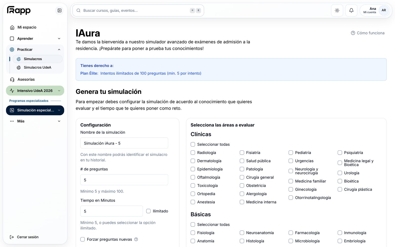 Configuración de un simulacro en iAura con las áreas a evaluar