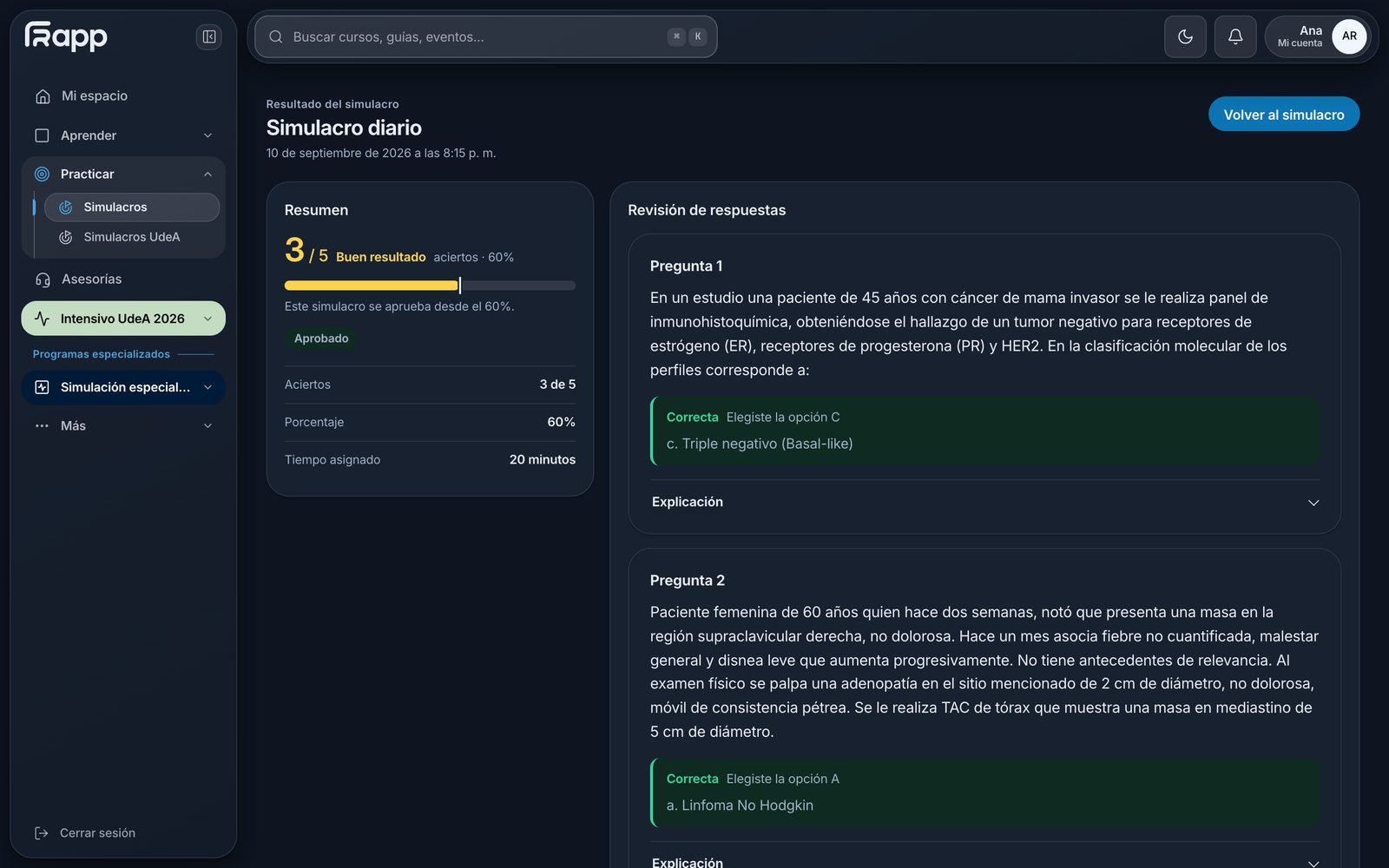 Resultado de un simulacro con la revisión y la explicación de cada pregunta