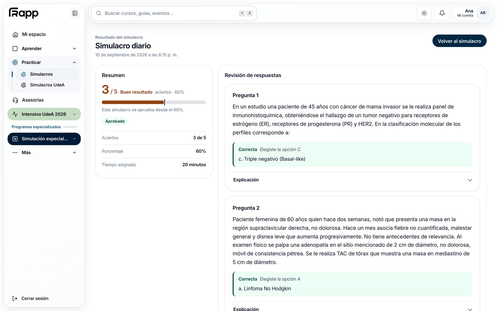 Resultado de un simulacro con la revisión y la explicación de cada pregunta