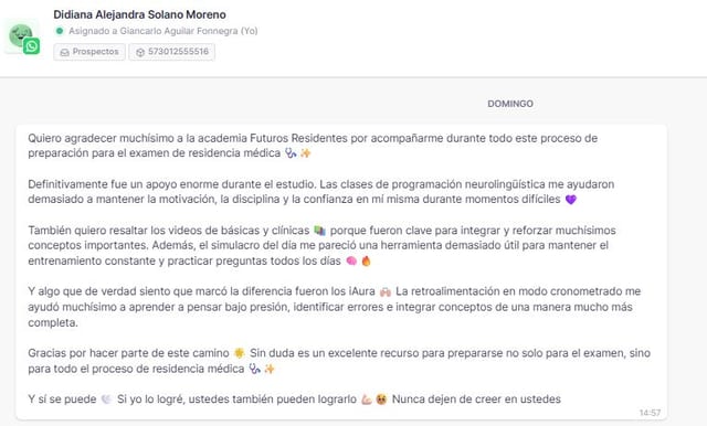 Quiero agradecer muchísimo a la academia Futuros Residentes por acompañarme durante todo este proceso de preparación para el examen de residencia médica 🩺✨ Definitivamente fue un apoyo enorme durante el estudio. Las clases de programación neurolingüística me ayudaron demasiado a mantener la motivación, la disciplina y la confianza en mí misma durante momentos difíciles 💖 También quiero resaltar los videos de básicas y clínicas 📚 porque fueron clave para integrar y reforzar muchísimos conceptos importantes. Además, el simulacro del día me pareció una herramienta demasiado útil para mantener el entrenamiento constante y practicar preguntas todos los días 🧠🔥 Y algo que de verdad siento que marcó la diferencia fueron los iAura 🙌🏻 La retroalimentación un modo cronometrado me ayudó muchísimo a aprender a pensar bajo presión, identificar errores e integrar coceptos de una manera mucho más completa. Gracias por hacer parte de este camnio 🌟 Sin duda es un excelente recurso para prepararse no sólo para el examen, sino para todo el proceso de residencia médica 🩺 ✨ Y si se puede 🤍 Si yo lo logré, ustedes también pueden lograrlo 💪🏻🥺 Nunca deje de creer en ustedes
