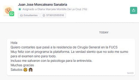 Hola Quiero contarles que pasé a la residencia de Cirugía General en la FUCS Muy feliz con el programa la plataforma. La verdad siento que no solo me sumo para el examen sino para todo. Incluso me salvaron con la psicologa para la entrevista. Muchas gracias Saludos 🤗 🙌🏽