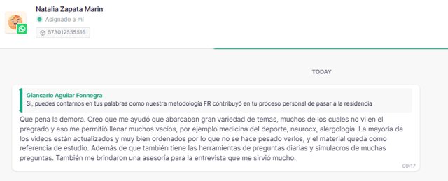 Que pena la demora. Creo que me ayudó que acabaran gran variedad de temas, muchos de los cuales no vi en el pregrado y eso me permitió llenar muchos vacíos, por ejemplo medicina del deporte, neurocx, alergología. La mayoría de los videos están actualizados y muy bien ordenados por lo que no se hace pesado verlos, y el material queda como referencia de estudio. Además de que también tiene las herramientas de preguntas diarias y simulacros de muchas preguntas. También me brindaron una asesoría para la entrevista que me sirvió mucho.