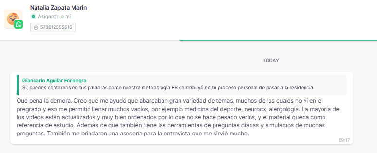 Que pena la demora. Creo que me ayudó que acabaran gran variedad de temas, muchos de los cuales no vi en el pregrado y eso me permitió llenar muchos vacíos, por ejemplo medicina del deporte, neurocx, alergología. La mayoría de los videos están actualizados y muy bien ordenados por lo que no se hace pesado verlos, y el material queda como referencia de estudio. Además de que también tiene las herramientas de preguntas diarias y simulacros de muchas preguntas. También me brindaron una asesoría para la entrevista que me sirvió mucho.